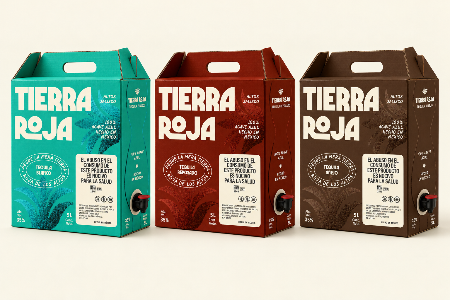 Tierra Roja Blanco, Reposado y Añejo: renders de las cajas de 5 litros para México
